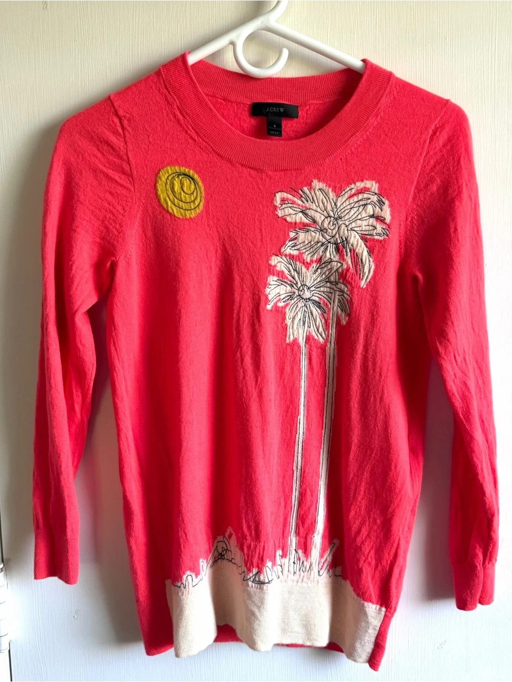 J.Crew Women’s Small Merino Wool Palm Tree Beach Lightweight Sweater Crew Neck